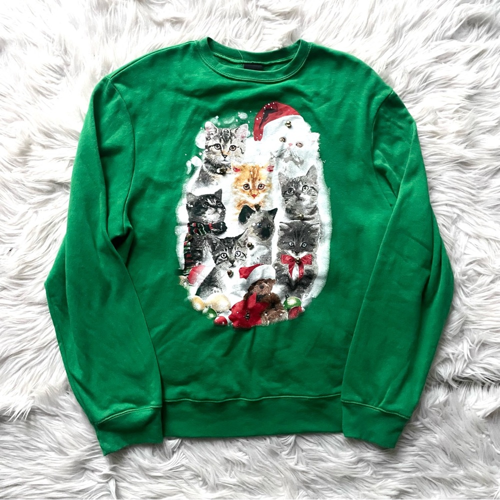 FifthSun Crewneck Pullover Kitty Cats Bells Ugly Christmas Sweatshirt  L